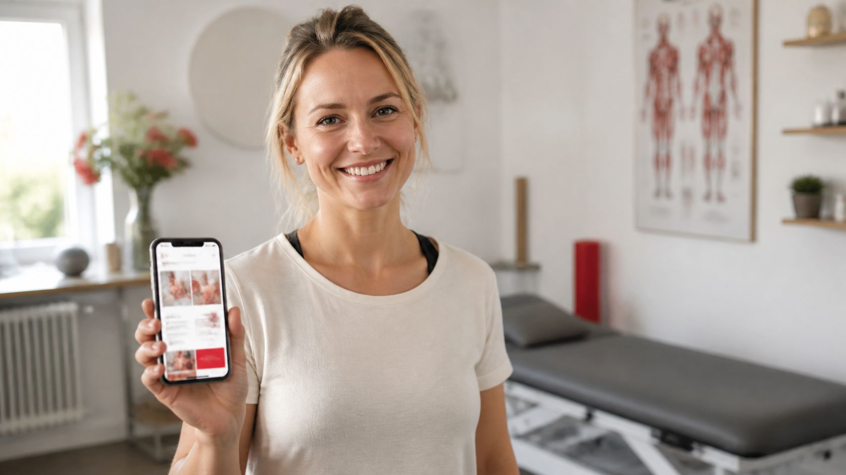 Website laten maken als zzp'er: fysiotherapeut laat haar nieuwe website zien op haar telefoon