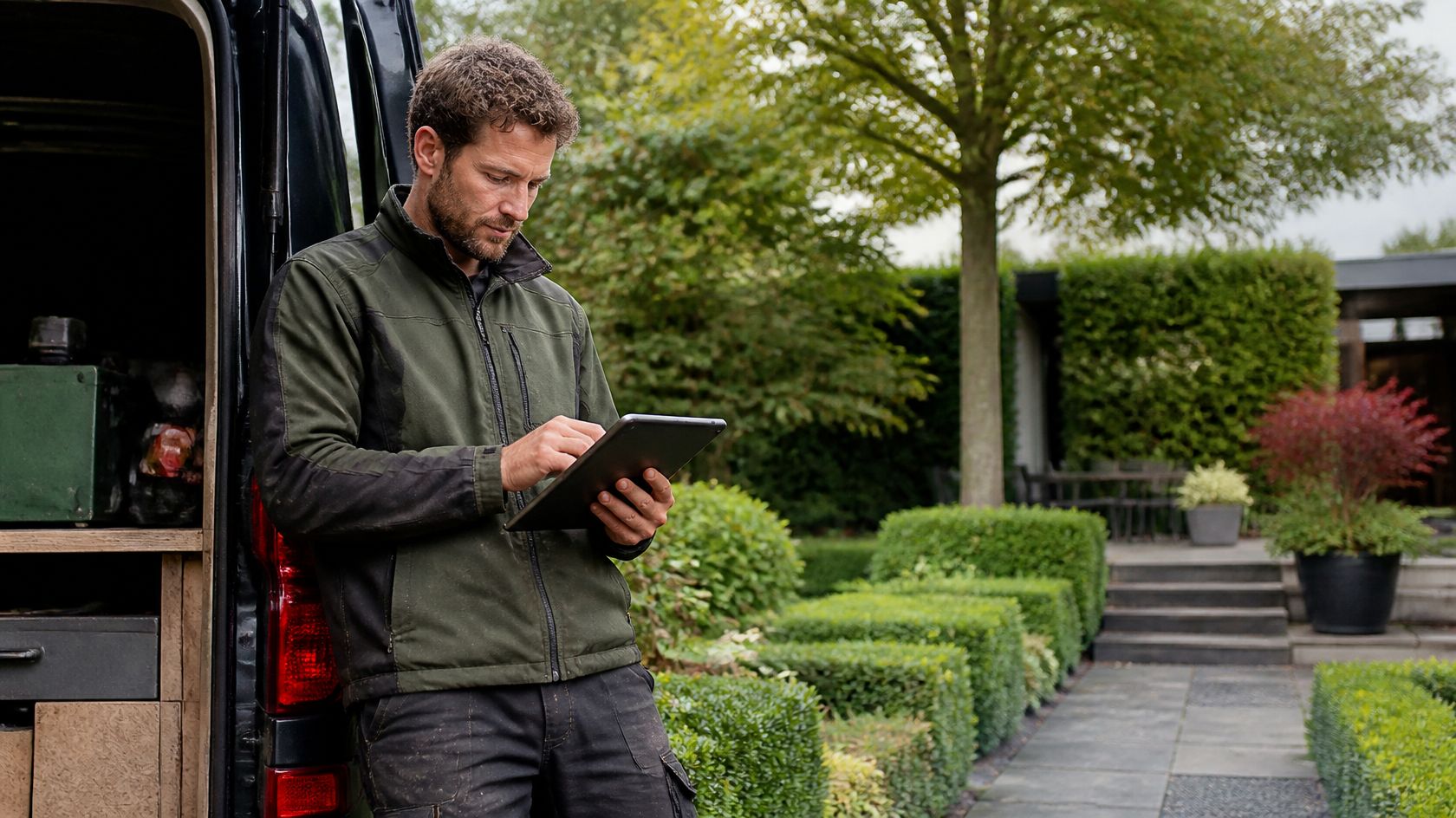 Hovenier vult bij zijn bus de intake voor zijn website in op een tablet