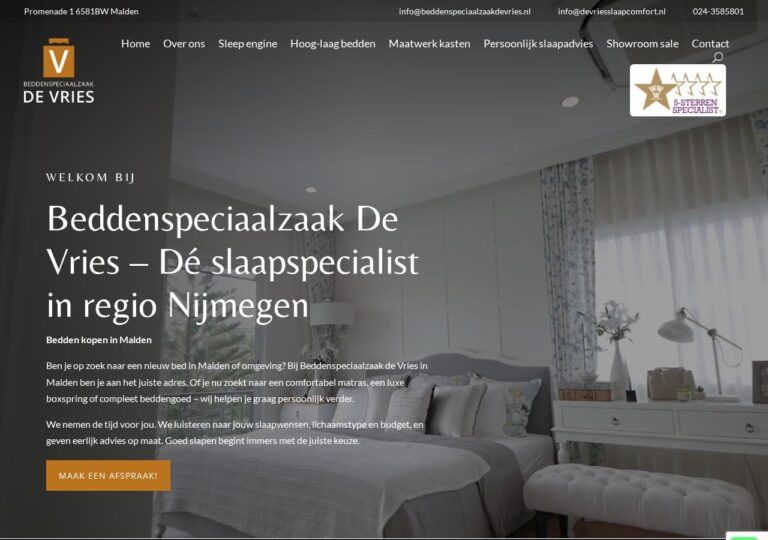 Website van Beddenspeciaalzaak De Vries in Malden, gemaakt door Website Remake